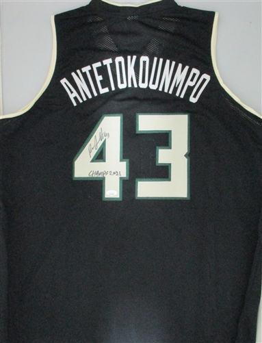 THANASIS ANTETOKOUNMPO SIGNED CUSTOM REPLICA BUCKS BLACK JERSEY W/ CHAMP 2021 - JSA THANASIS ANTETOKOUNMPO SIGNED CUSTOM REPLICA BUCKS BLACK JERSEY W/ CHAMP 2021 - JSA