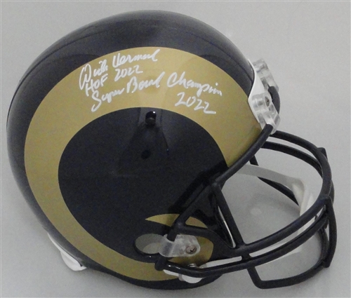DICK VERMEIL SIGNED FULL SIZE RAMS THROWBACK REPLICA HELMET W/ SCRIPTS - BAS