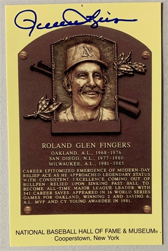 ROLLIE FINGERS SIGNED HALL OF FAME PLAQUE CARD - BREWERS - JSA