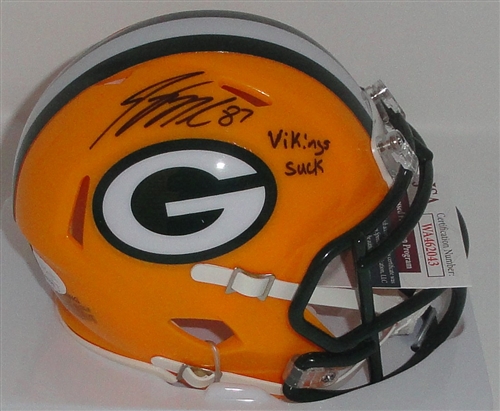 JORDY NELSON SIGNED PACKERS SPEED MINI HELMET W/ VIKINGS SUCK - JSA
