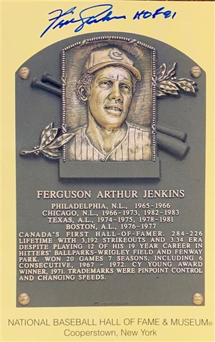 FERGIE JENKINS SIGNED HALL OF FAME PLAQUE CARD - CUBS