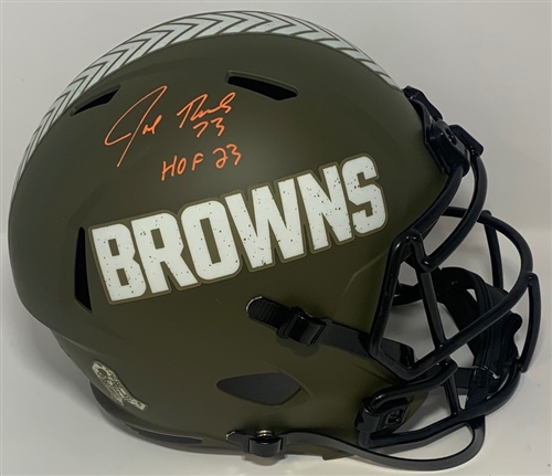 JOE THOMAS SIGNED FULL SIZE REPLICA SALUTE TO SERVICE SPEED BROWNS HELMET W/ HOF '23 - JSA JOE THOMAS SIGNED FULL SIZE REPLICA SALUTE TO SERVICE SPEED BROWNS HELMET W/ HOF '23 - JSA