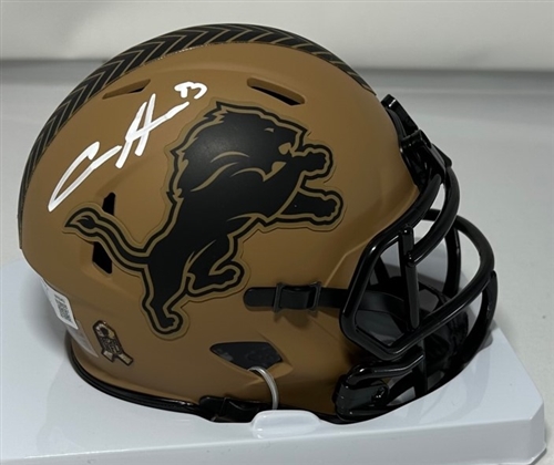 AIDAN HUTCHINSON SIGNED LIONS 2023 SALUTE TO SERVICE II SPEED MINI HELMET - BAS