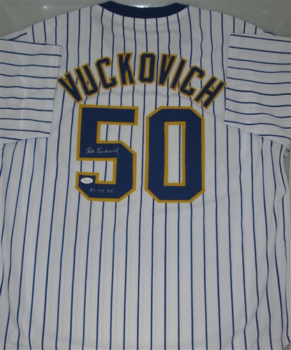 PETE VUCKOVICH SIGNED CUSTOM BREWERS PINSTRIPE JERSEY W/ AL CY '82 - JSA PETE VUCKOVICH SIGNED CUSTOM BREWERS PINSTRIPE JERSEY W/ AL CY '82 - JSA